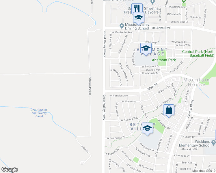 map of restaurants, bars, coffee shops, grocery stores, and more near 23 Menlo Park Street in Mountain House