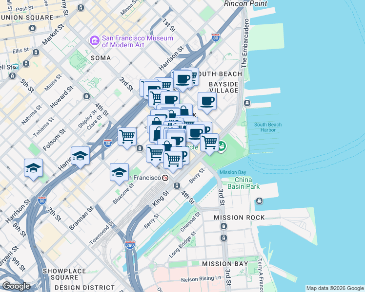 map of restaurants, bars, coffee shops, grocery stores, and more near 200 Townsend Street in San Francisco