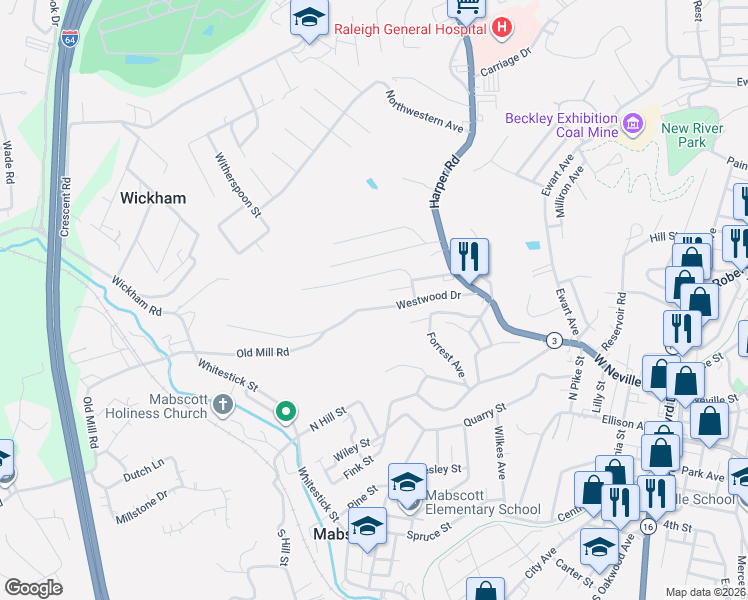 map of restaurants, bars, coffee shops, grocery stores, and more near 217 Westwood Drive in Beckley