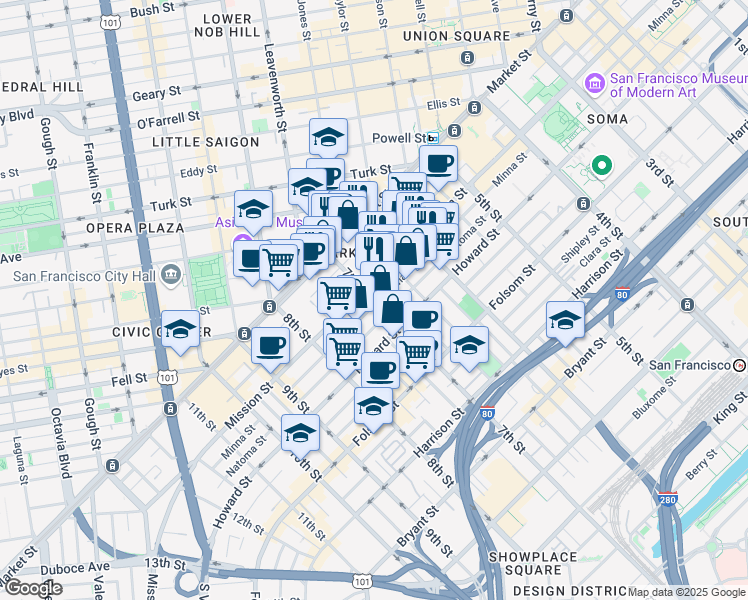 map of restaurants, bars, coffee shops, grocery stores, and more near 122 7th Street in San Francisco