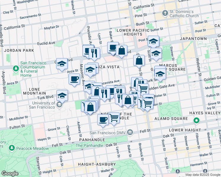 map of restaurants, bars, coffee shops, grocery stores, and more near 2097 Turk Boulevard in San Francisco