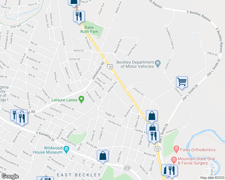map of restaurants, bars, coffee shops, grocery stores, and more near 201 Klaus Street in Beckley
