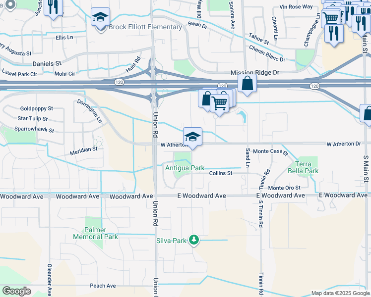 map of restaurants, bars, coffee shops, grocery stores, and more near 1037 Barbados Street in Manteca