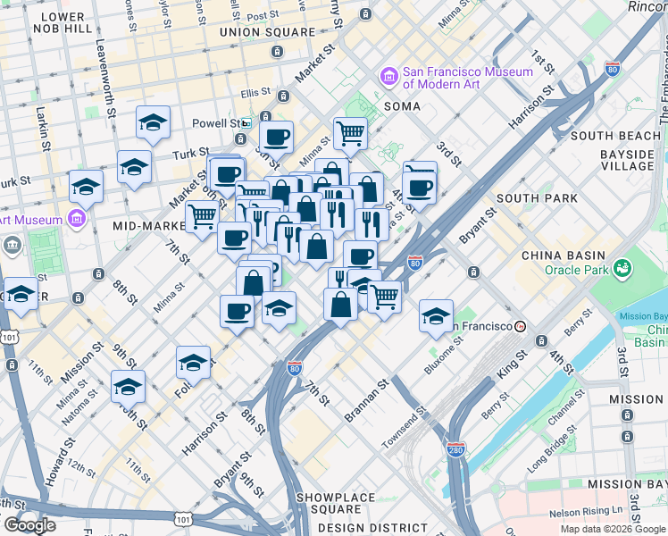 map of restaurants, bars, coffee shops, grocery stores, and more near 249 Shipley Street in San Francisco