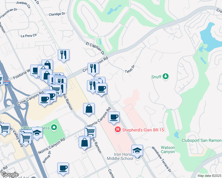 map of restaurants, bars, coffee shops, grocery stores, and more near 617 Norris Canyon Terrace in San Ramon