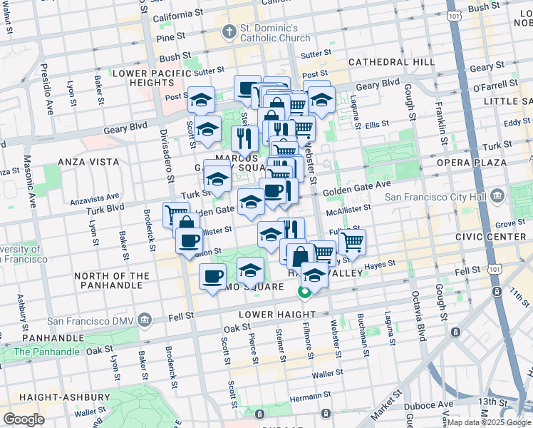 map of restaurants, bars, coffee shops, grocery stores, and more near 1028 Steiner Street in San Francisco
