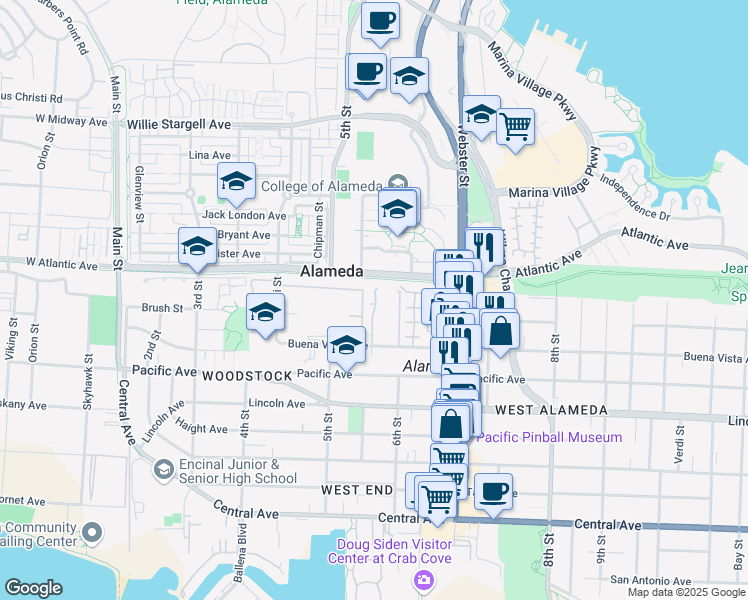 map of restaurants, bars, coffee shops, grocery stores, and more near 1 Curlew Court in Alameda