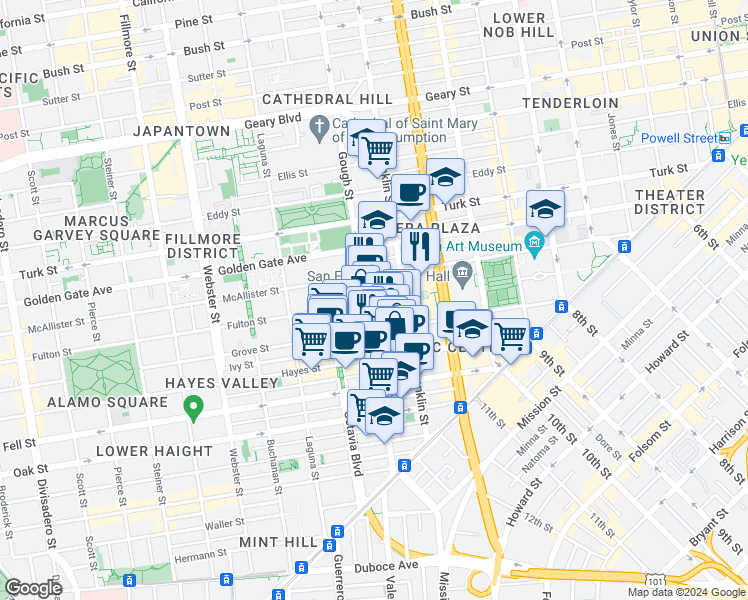 map of restaurants, bars, coffee shops, grocery stores, and more near 388 Fulton Street in San Francisco