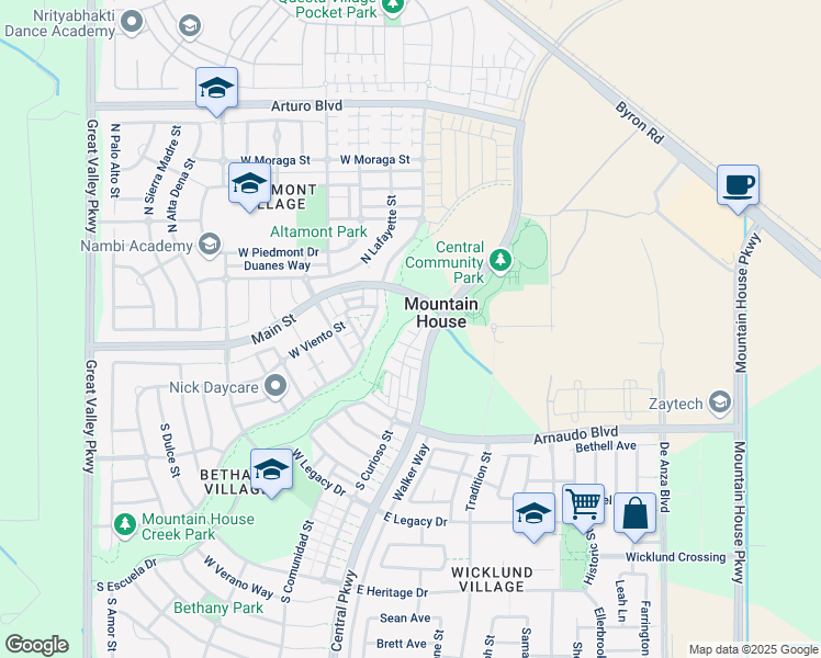 map of restaurants, bars, coffee shops, grocery stores, and more near 160 West Saltillo Lane in Mountain House