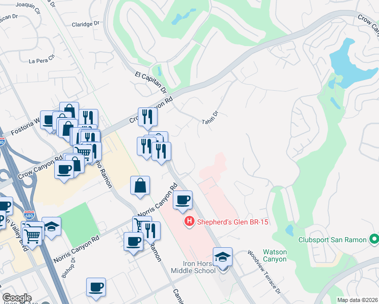 map of restaurants, bars, coffee shops, grocery stores, and more near 407 Norris Canyon Terrace in San Ramon