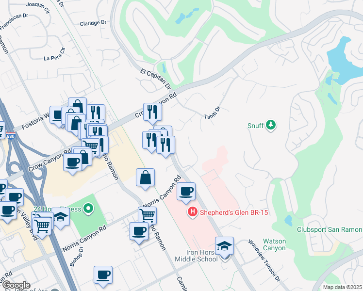 map of restaurants, bars, coffee shops, grocery stores, and more near 617 Norris Canyon Terrace in San Ramon