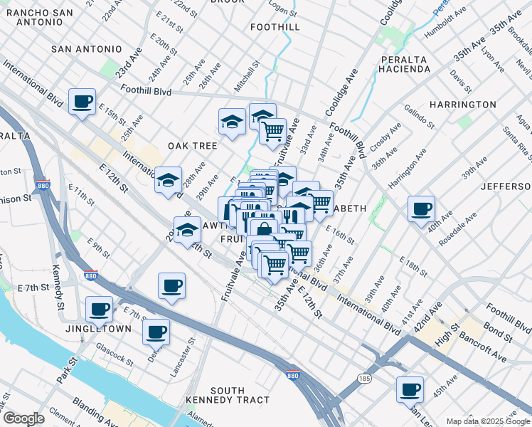 map of restaurants, bars, coffee shops, grocery stores, and more near 1516 Fruitvale Avenue in Oakland