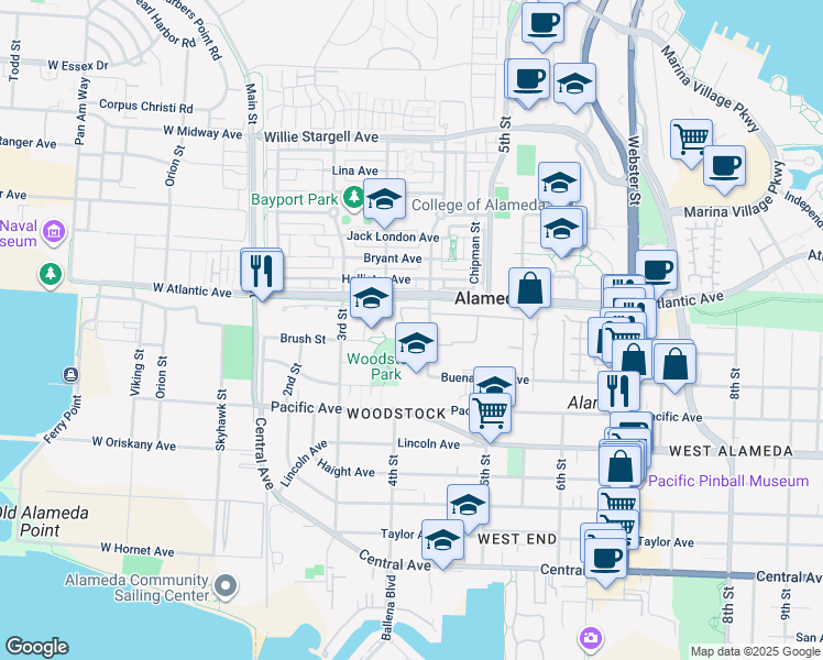 map of restaurants, bars, coffee shops, grocery stores, and more near 435 Buena Vista Avenue in Alameda
