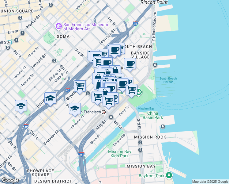 map of restaurants, bars, coffee shops, grocery stores, and more near 411 Brannan Street in San Francisco