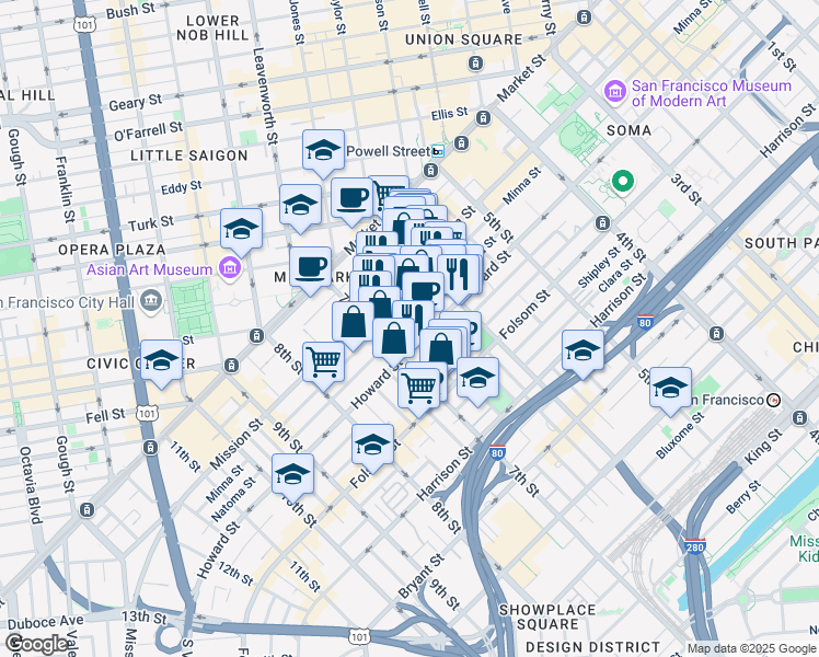 map of restaurants, bars, coffee shops, grocery stores, and more near 563 Natoma Street in San Francisco