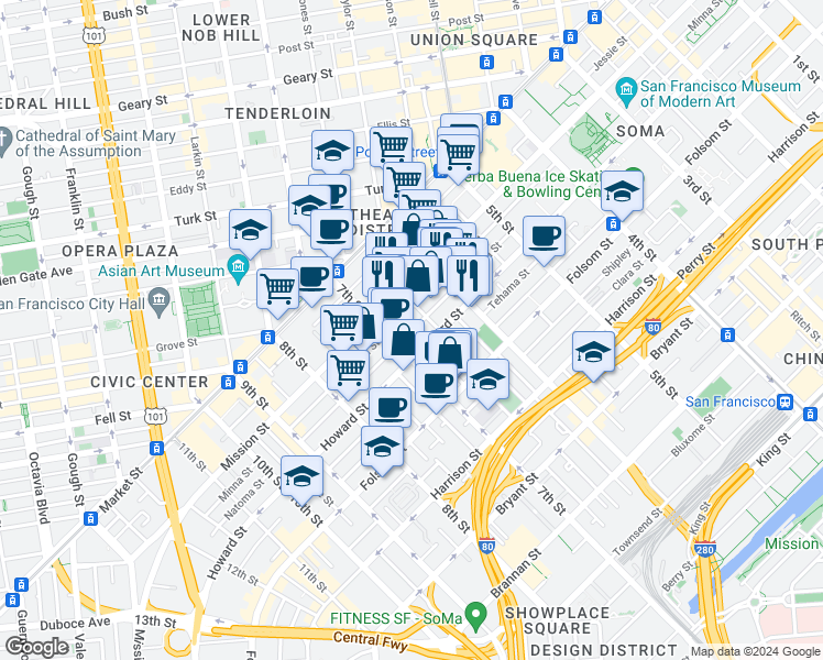 map of restaurants, bars, coffee shops, grocery stores, and more near 563 Natoma Street in San Francisco