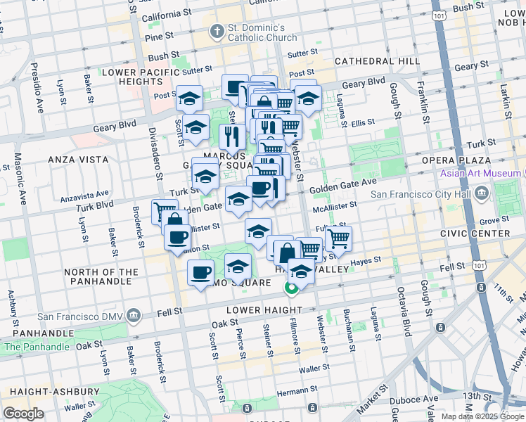 map of restaurants, bars, coffee shops, grocery stores, and more near 1028 Steiner Street in San Francisco