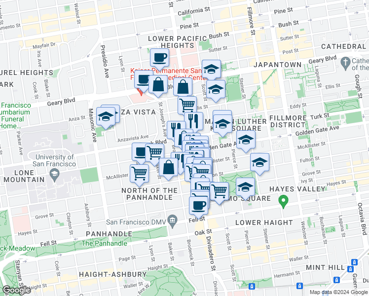 map of restaurants, bars, coffee shops, grocery stores, and more near 1021 Divisadero Street in San Francisco