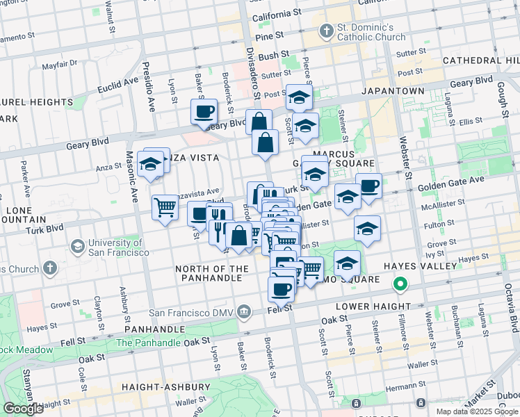 map of restaurants, bars, coffee shops, grocery stores, and more near 1021 Divisadero Street in San Francisco