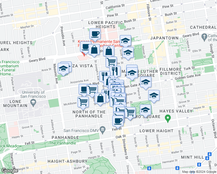 map of restaurants, bars, coffee shops, grocery stores, and more near 1021 Divisadero Street in San Francisco