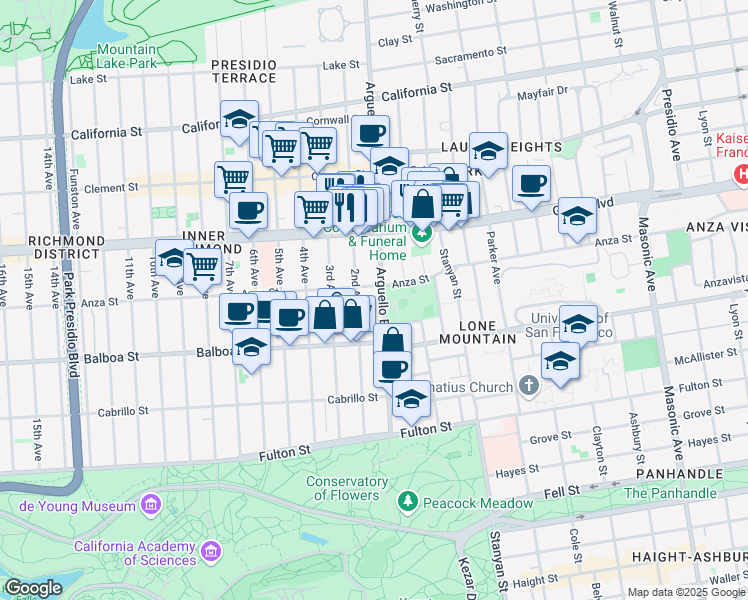 map of restaurants, bars, coffee shops, grocery stores, and more near 600 Arguello Boulevard in San Francisco