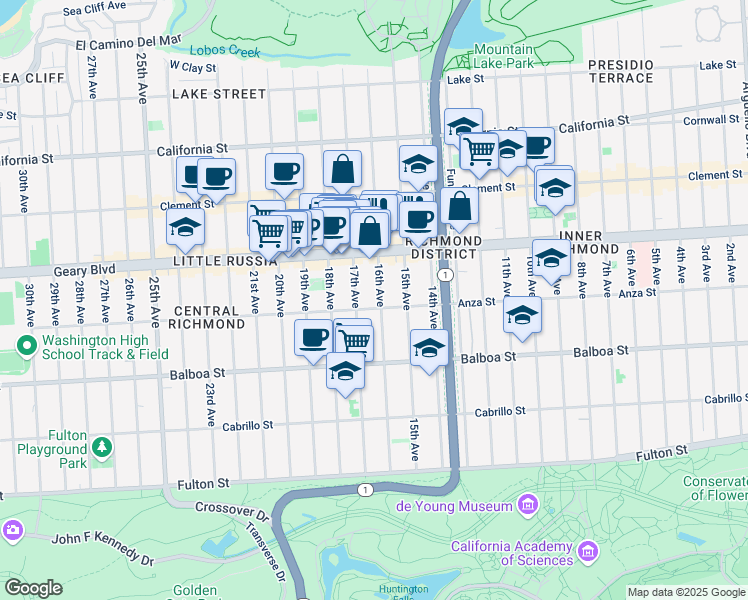 map of restaurants, bars, coffee shops, grocery stores, and more near 481 16th Avenue in San Francisco