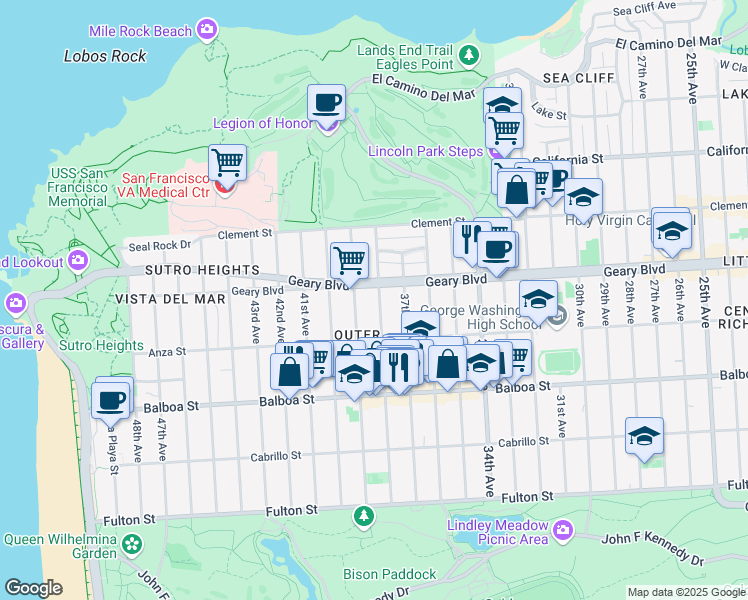map of restaurants, bars, coffee shops, grocery stores, and more near 519 38th Avenue in San Francisco