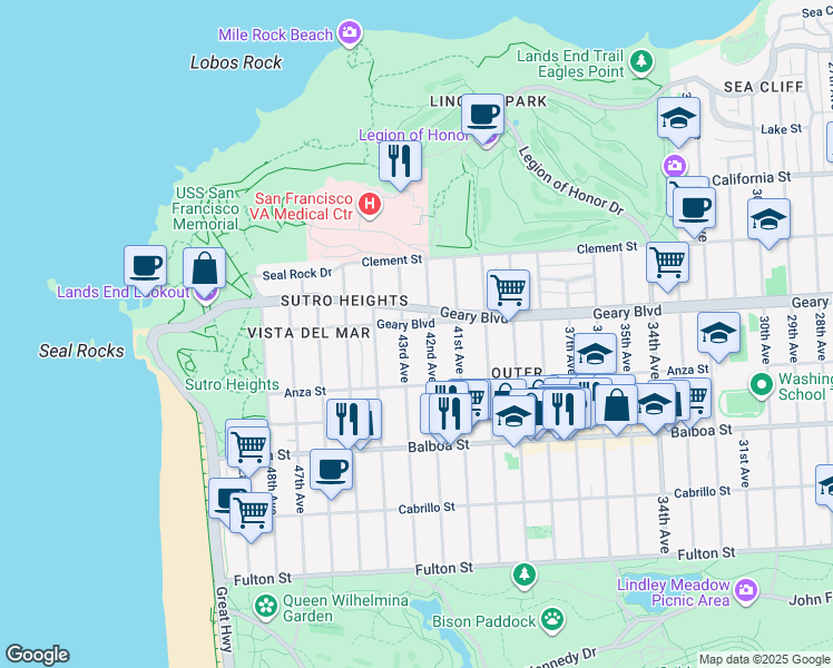 map of restaurants, bars, coffee shops, grocery stores, and more near 7829 Geary Boulevard in San Francisco