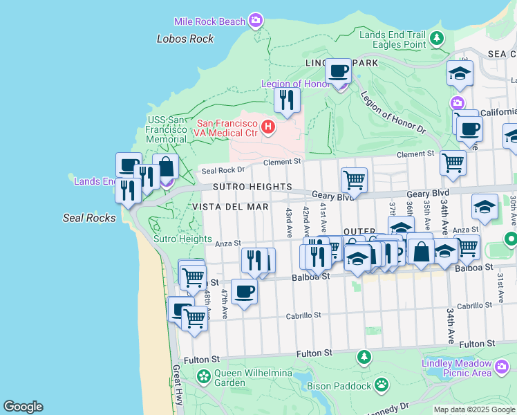 map of restaurants, bars, coffee shops, grocery stores, and more near 8101 Geary Boulevard in San Francisco