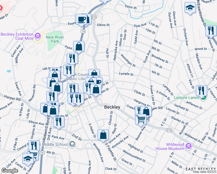 map of restaurants, bars, coffee shops, grocery stores, and more near 121 East Main Street in Beckley