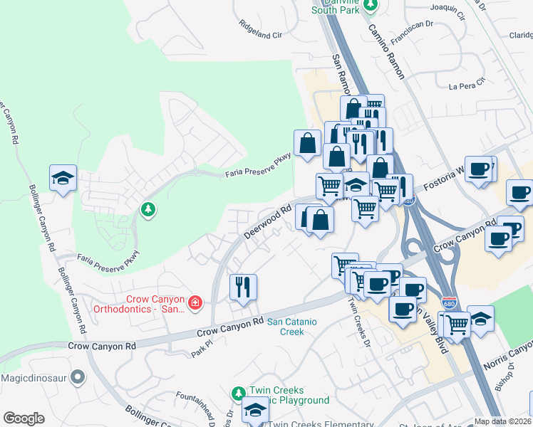 map of restaurants, bars, coffee shops, grocery stores, and more near 122 Stone Pine Lane in San Ramon