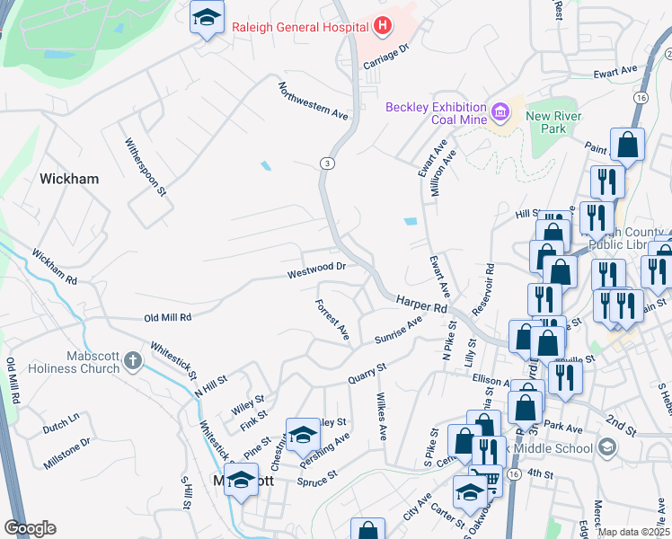 map of restaurants, bars, coffee shops, grocery stores, and more near 114 Westwood Dr in Beckley