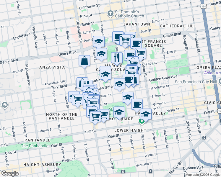 map of restaurants, bars, coffee shops, grocery stores, and more near 925 Pierce Street in San Francisco