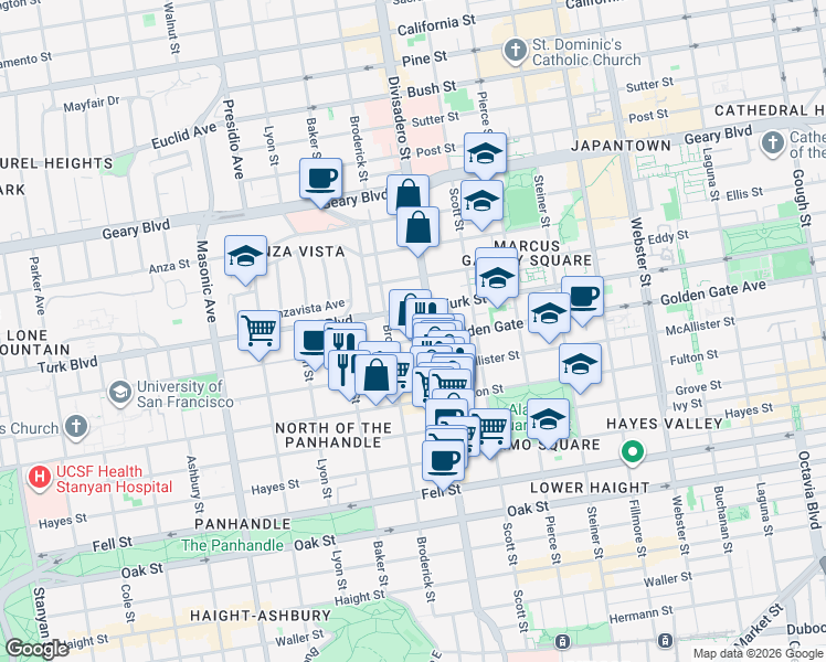 map of restaurants, bars, coffee shops, grocery stores, and more near 1021 Divisadero Street in San Francisco
