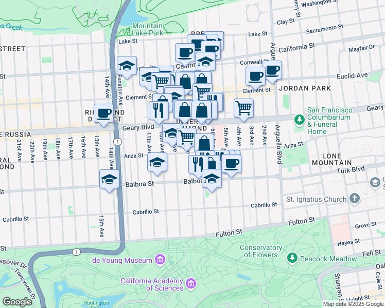 map of restaurants, bars, coffee shops, grocery stores, and more near 1653 Anza Street in San Francisco