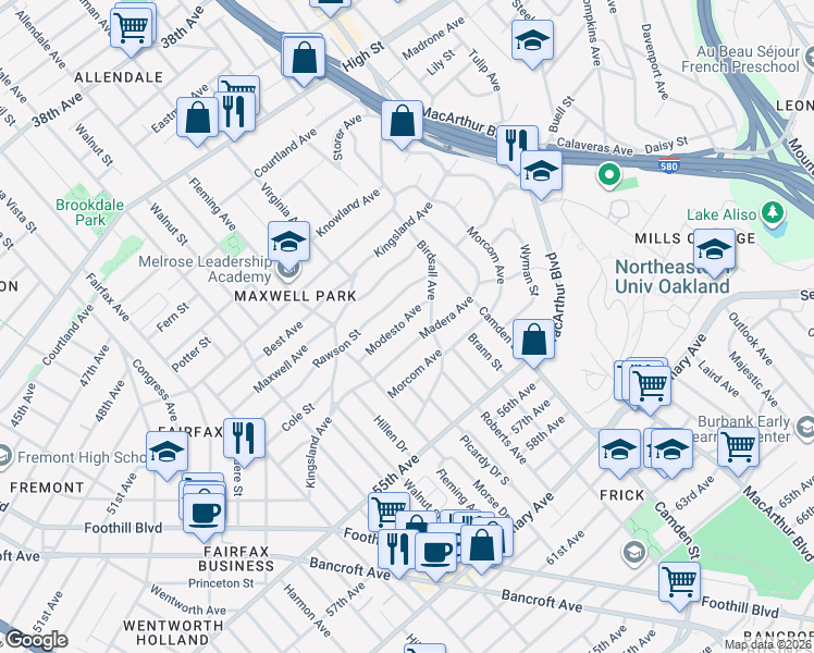 map of restaurants, bars, coffee shops, grocery stores, and more near 2918 Modesto Avenue in Oakland
