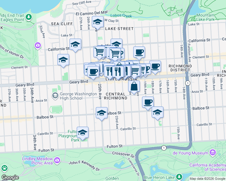 map of restaurants, bars, coffee shops, grocery stores, and more near 460A 23rd Avenue in San Francisco