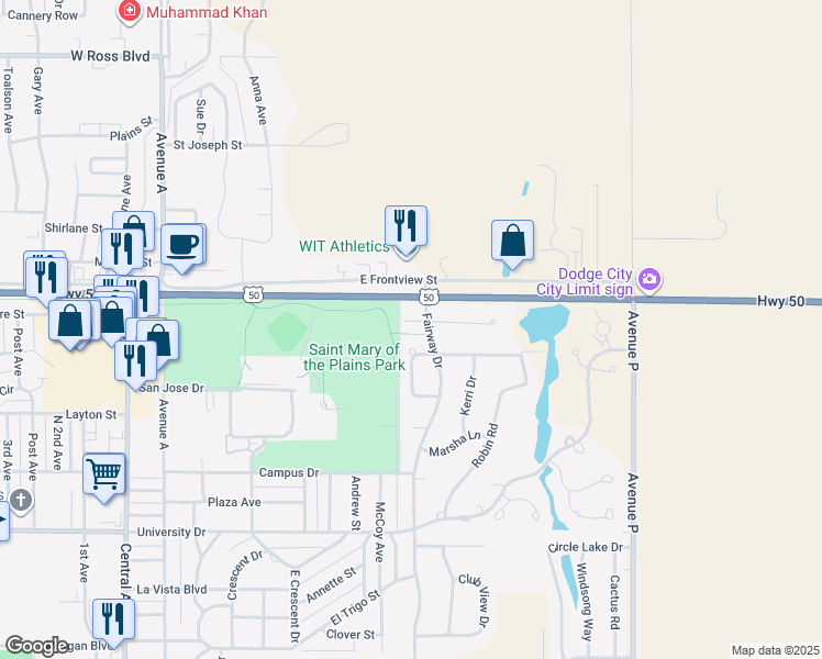 map of restaurants, bars, coffee shops, grocery stores, and more near 810 Ragan Road in Dodge City