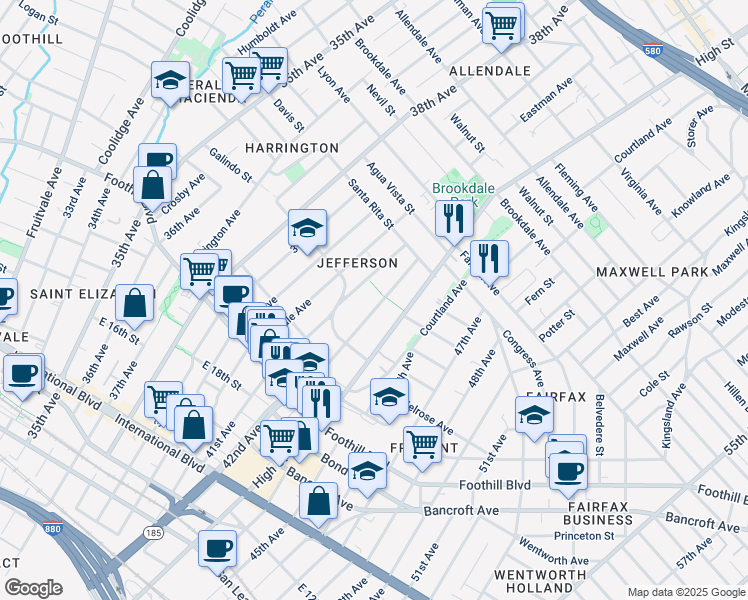 map of restaurants, bars, coffee shops, grocery stores, and more near 2181 42nd Avenue in Oakland