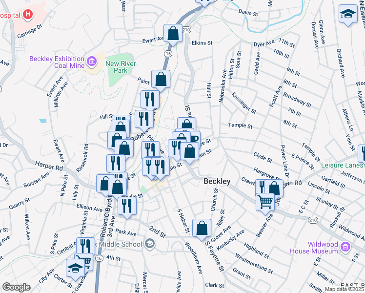 map of restaurants, bars, coffee shops, grocery stores, and more near 108-110 East Prince Street in Beckley
