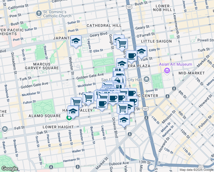 map of restaurants, bars, coffee shops, grocery stores, and more near 550 Fulton Street in San Francisco