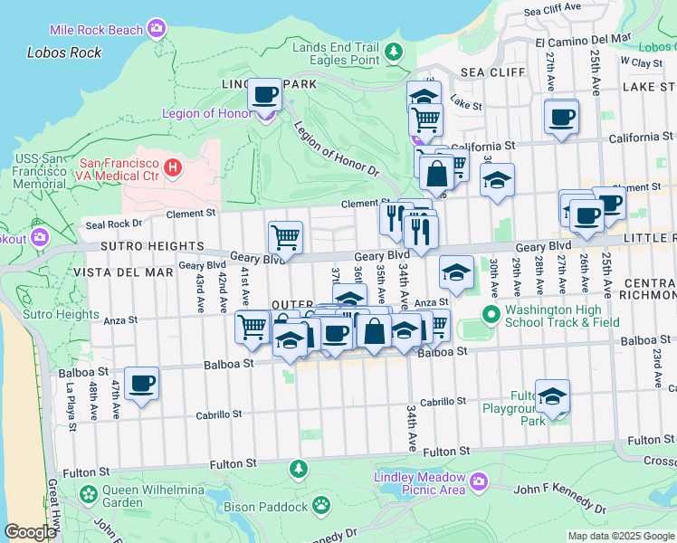 map of restaurants, bars, coffee shops, grocery stores, and more near 526 37th Avenue in San Francisco