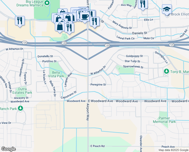 map of restaurants, bars, coffee shops, grocery stores, and more near 2063 Goldeneye Way in Manteca