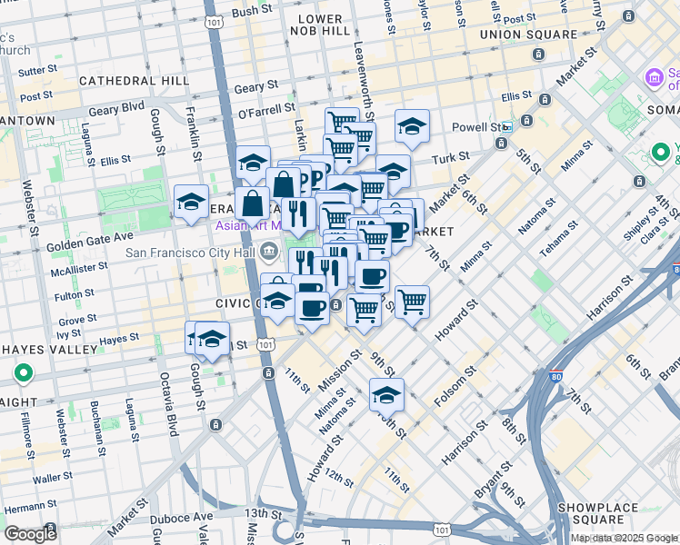 map of restaurants, bars, coffee shops, grocery stores, and more near 100 Larkin Street in San Francisco