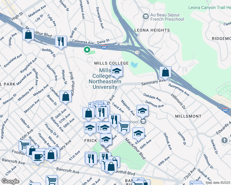 map of restaurants, bars, coffee shops, grocery stores, and more near 3532 Seminary Avenue in Oakland
