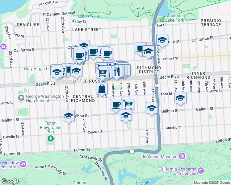 map of restaurants, bars, coffee shops, grocery stores, and more near 474 19th Avenue in San Francisco
