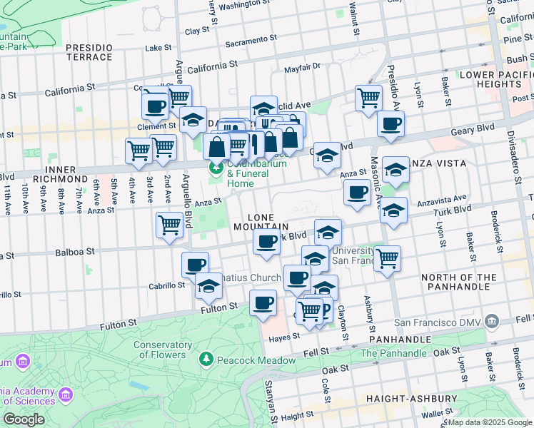 map of restaurants, bars, coffee shops, grocery stores, and more near 401 Parker Avenue in San Francisco