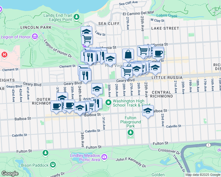 map of restaurants, bars, coffee shops, grocery stores, and more near 536 30th Avenue in San Francisco