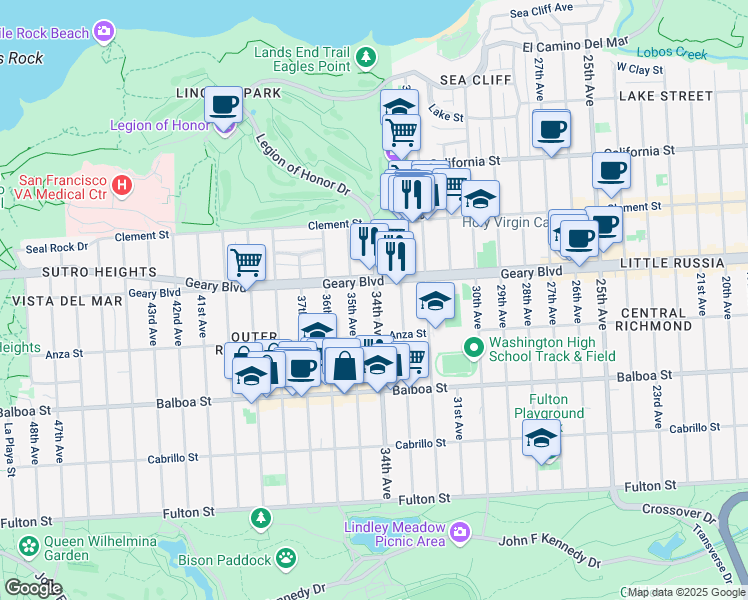 map of restaurants, bars, coffee shops, grocery stores, and more near 531 34th Ave in San Francisco