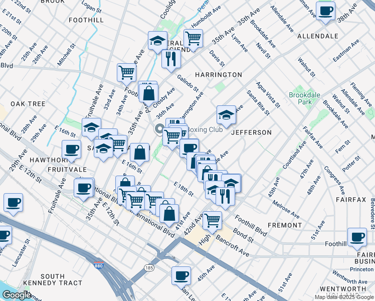 map of restaurants, bars, coffee shops, grocery stores, and more near 3827 San Juan Street in Oakland